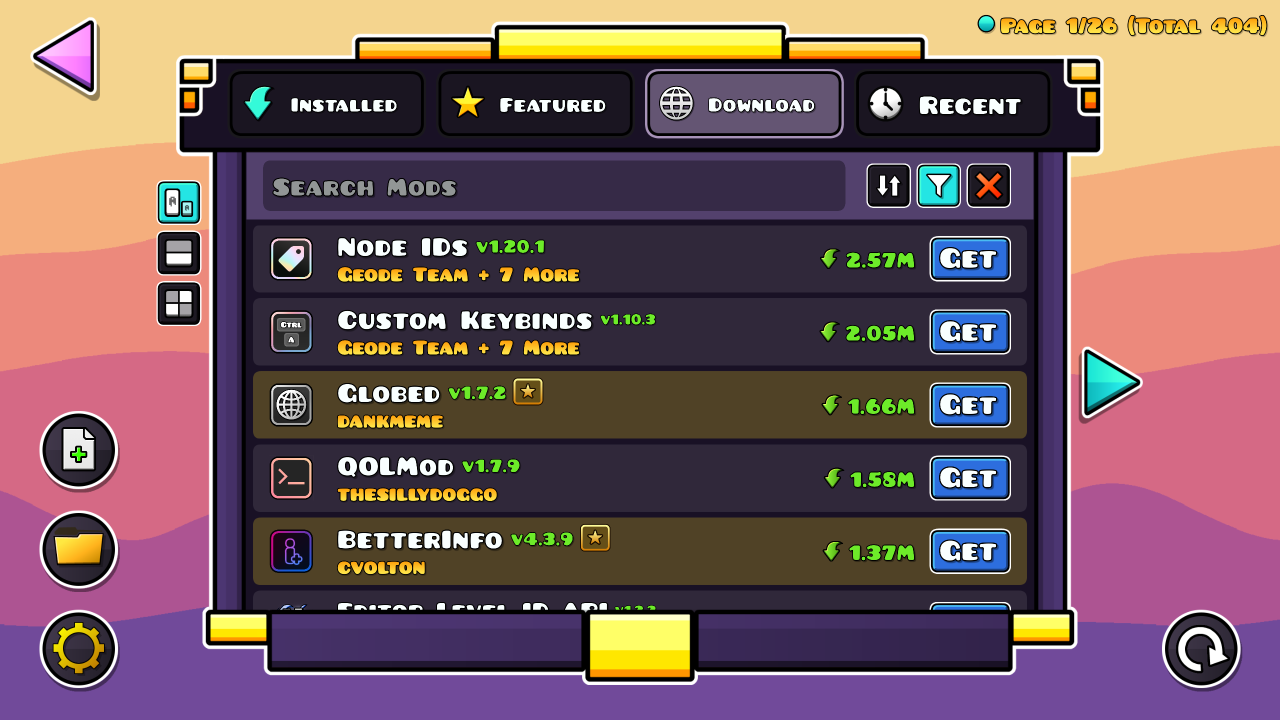 The download tab of the Geode menu