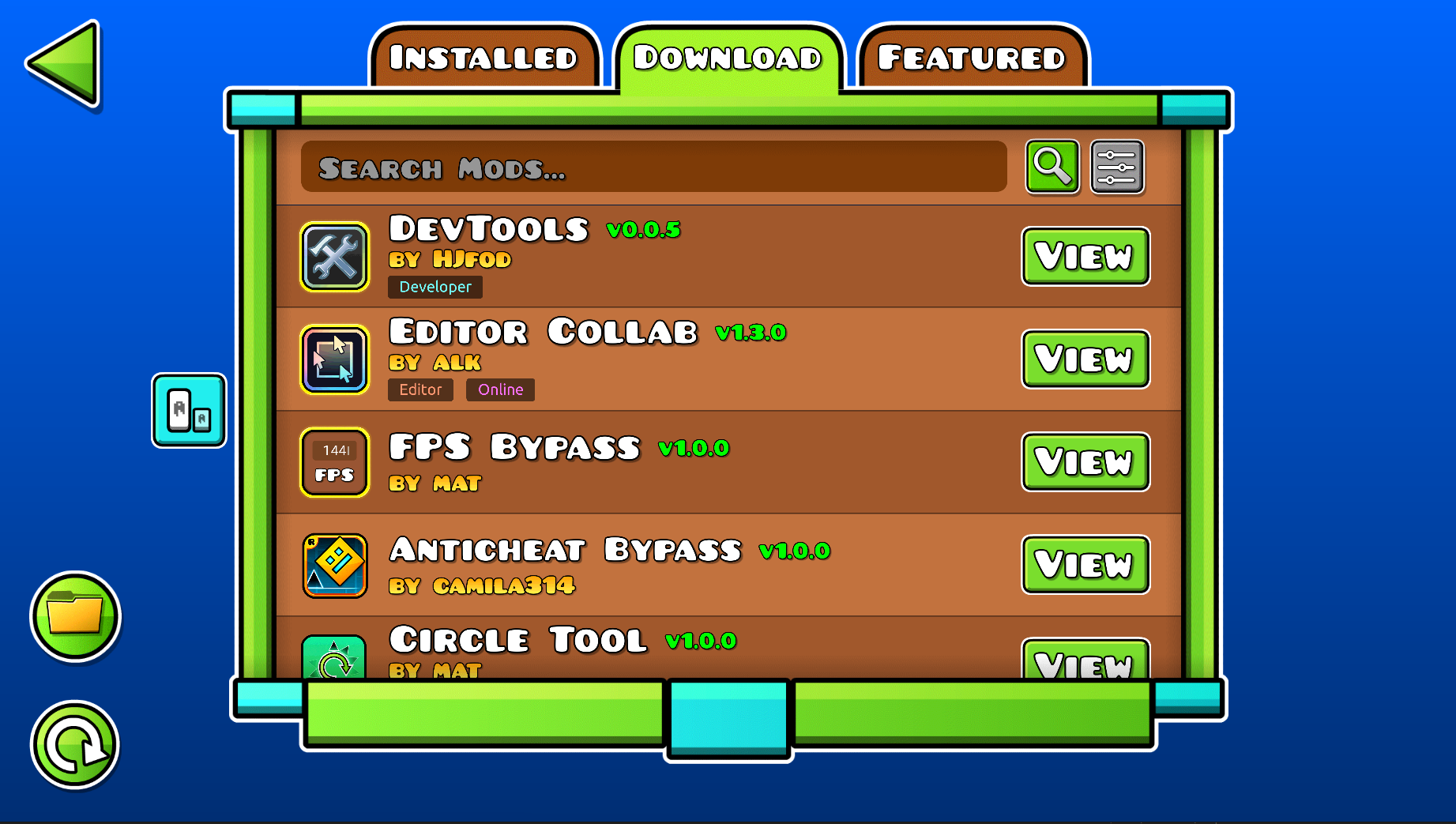 Screenshot of the list of downloadable mods in Geode