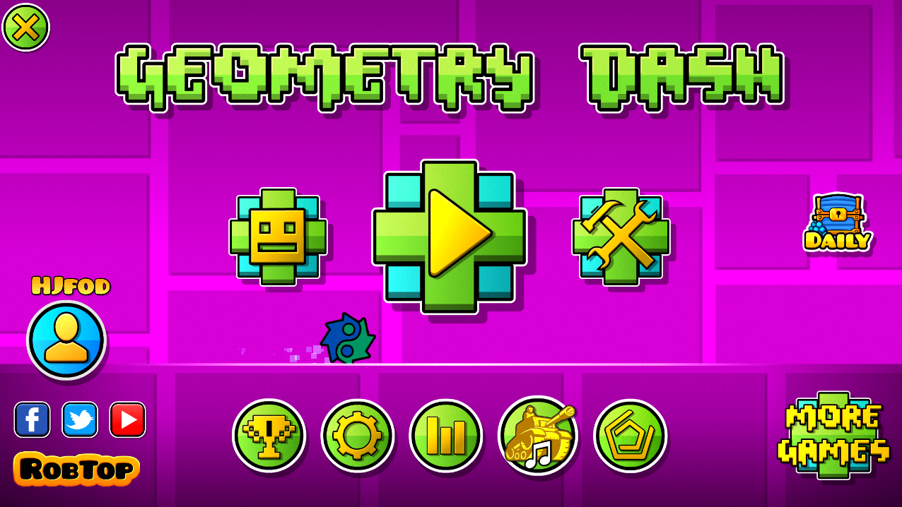 Screenshot of the main menu in Geometry Dash, featuring the Geode button in the bottom row