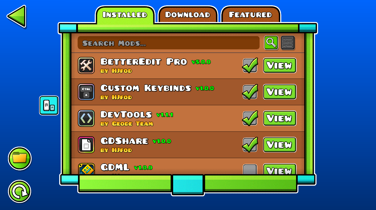Screenshot of the list of installed mods in Geode